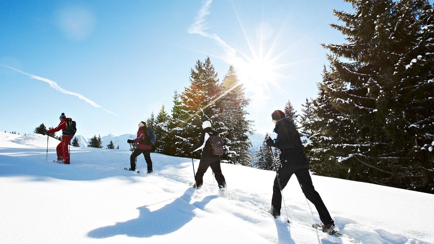Gruppe beim Schneeschuhwandern durch verschneiten Wald in Serfaus-Fiss-Ladis.
