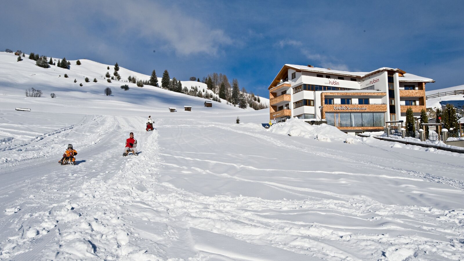 Apart Rubin neben einer verschneiten Skipiste mit Wintersportlern.